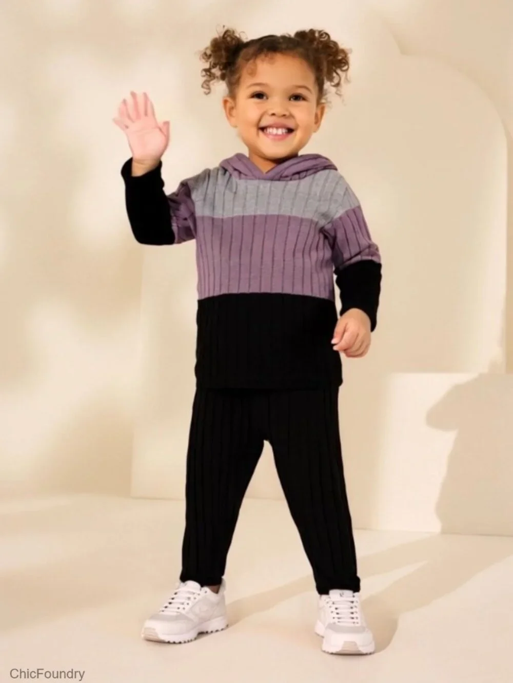 Girls Ribbed Colorblock Hoodie Sweatsuit Set Long Sleeve Pullover and Pants